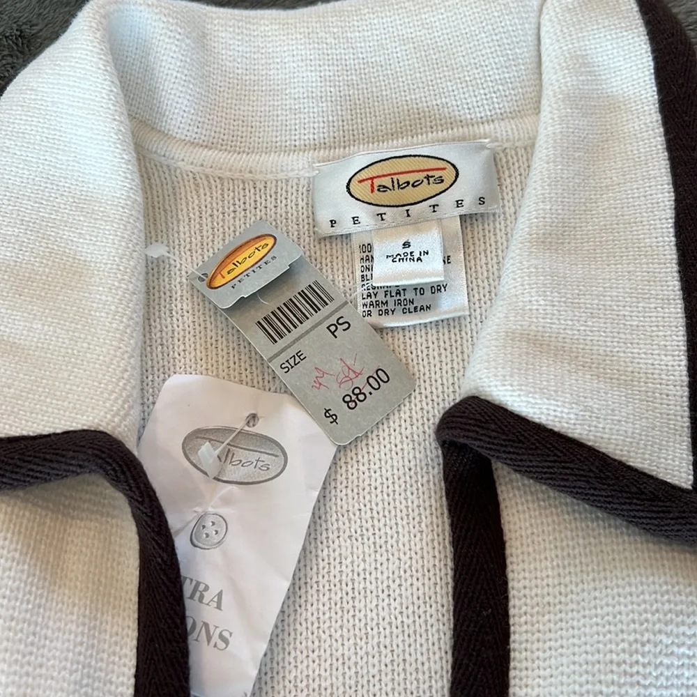 🎉Host Pick 2x🎉Talbots White Open Front Cardigan w/Brown Pipping Small Petite - Picture 9 of 11